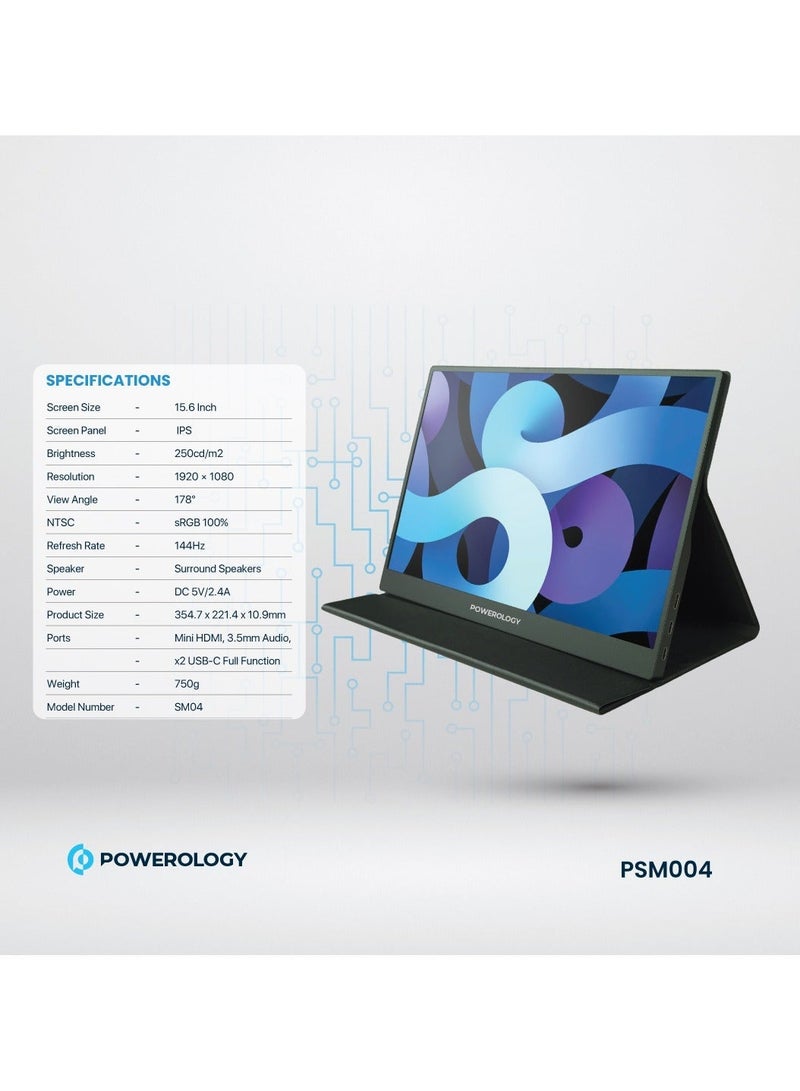 باورولوجي شاشة محمولة فائقة النحافة مقاس 15.6 بوصة مع معدل تحديث 144 هرتز ودقة 1080 بكسل عالية الوضوح / زمن انتقال منخفض / لوحة IPS / مكبر صوت محيطي / منافذ متعددة الوظائف / خفيفة الوزن - أسود - Image 3